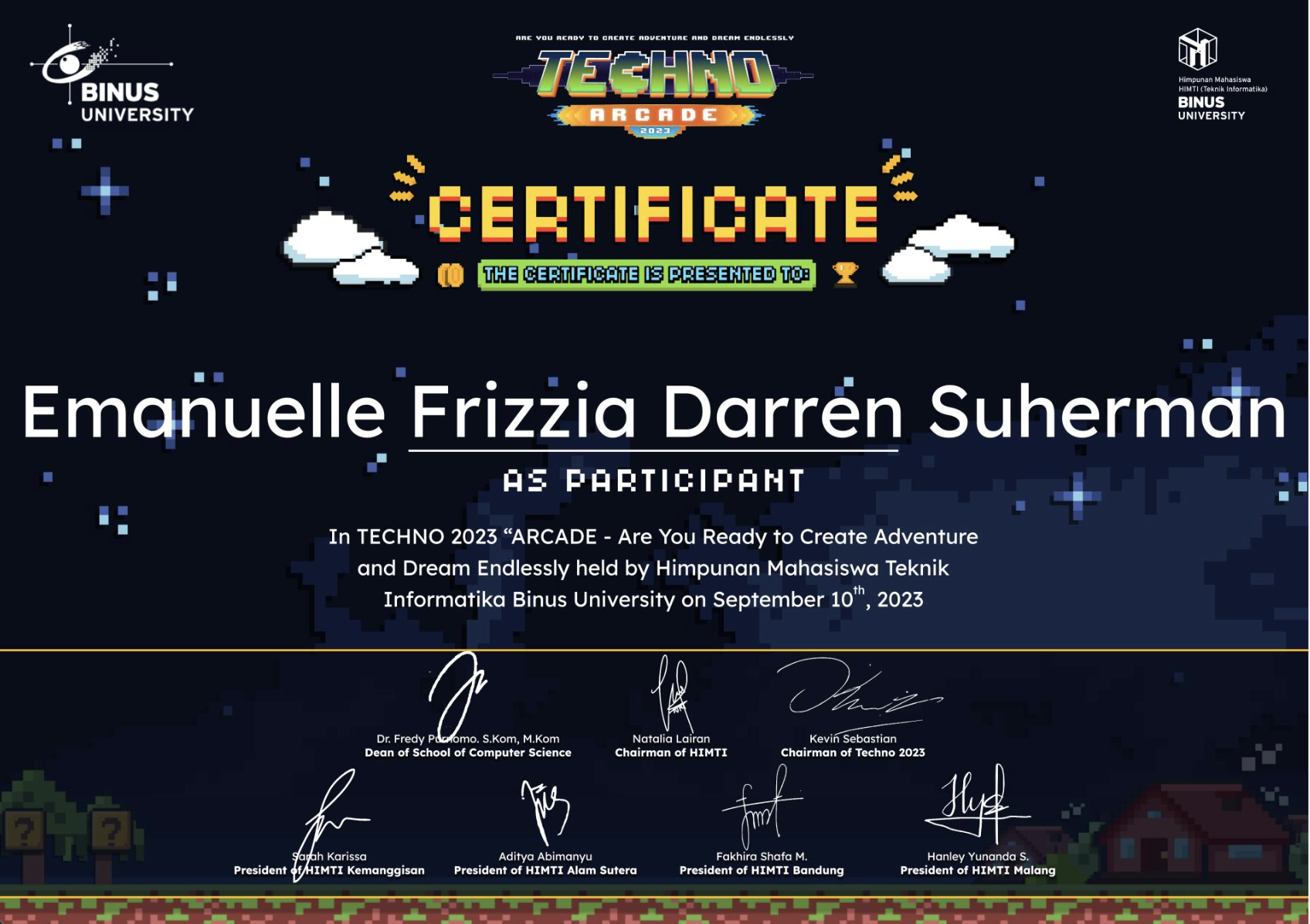Techno Arcade BINUS certificate