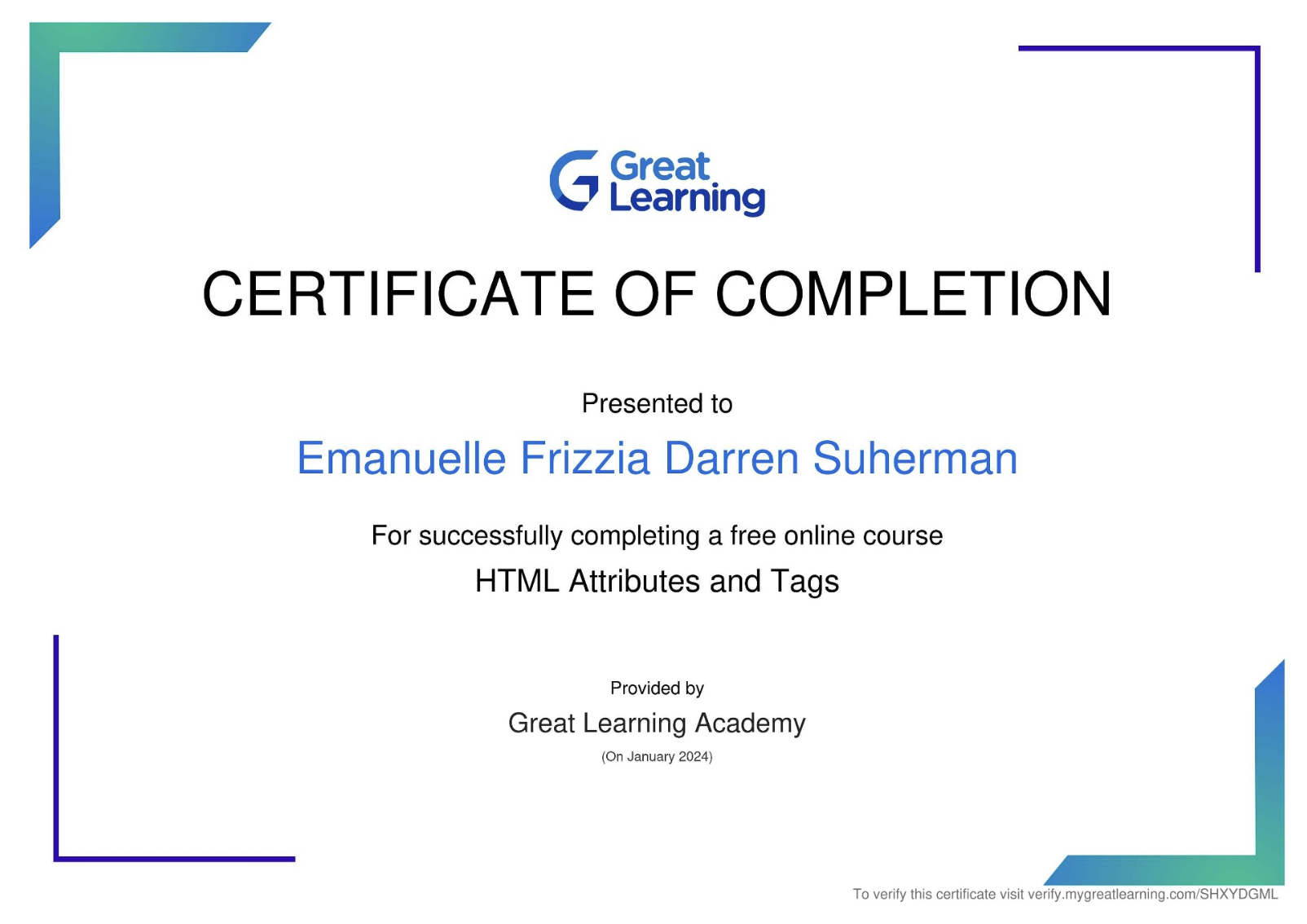 HTML Attributes and Tags certificate