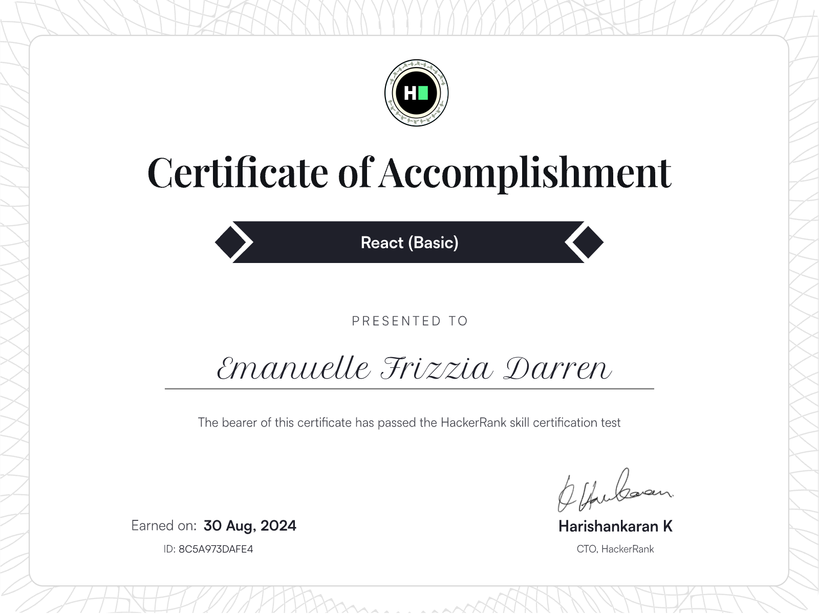 HackerRank React certificate