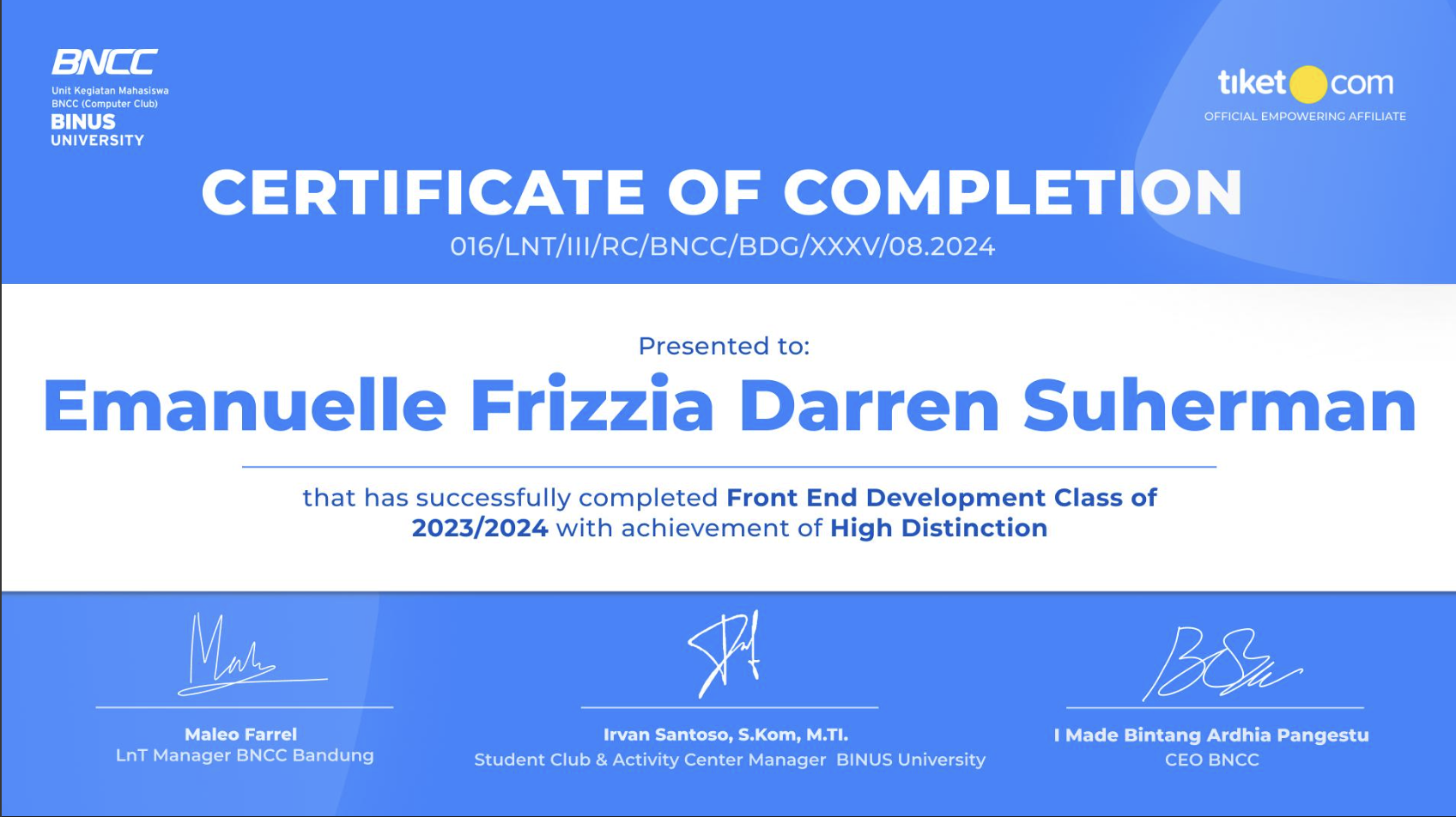 Front End Development certificate