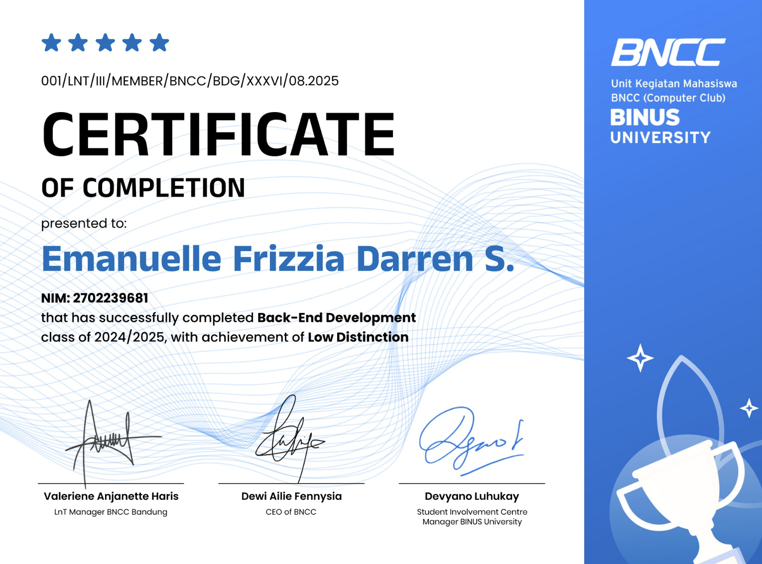 Back End Development certificate