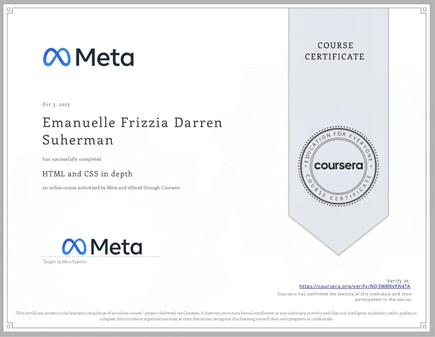 HTML and CSS in depth certificate